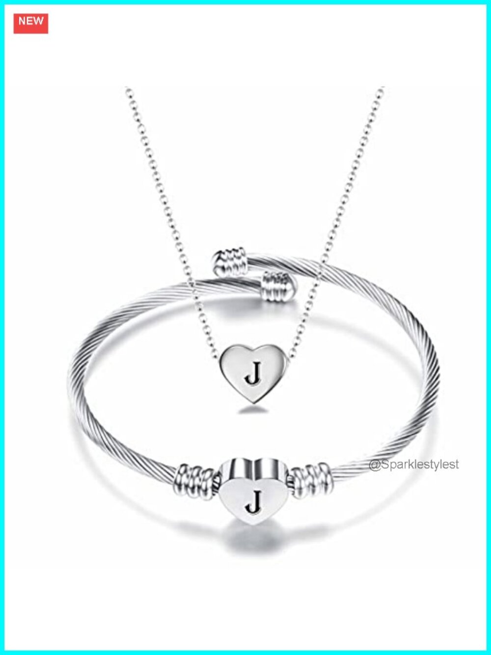 Stainless Steel Initial Necklace Bracelet Set Heart Pendant Jewelry Gift
